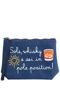 Navy blue velvet Mc2 Saint Barth unisex clutch bag with white cursive text yellow sun and orange whiskey glass graphics