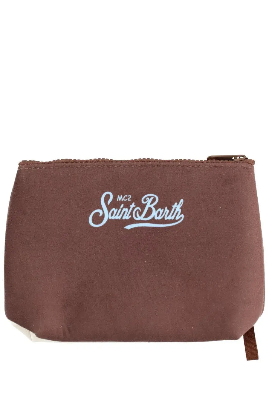 Brown suede zippered pouch clutch bag with white mc2 saint barth logo embroidery unisex accessory
