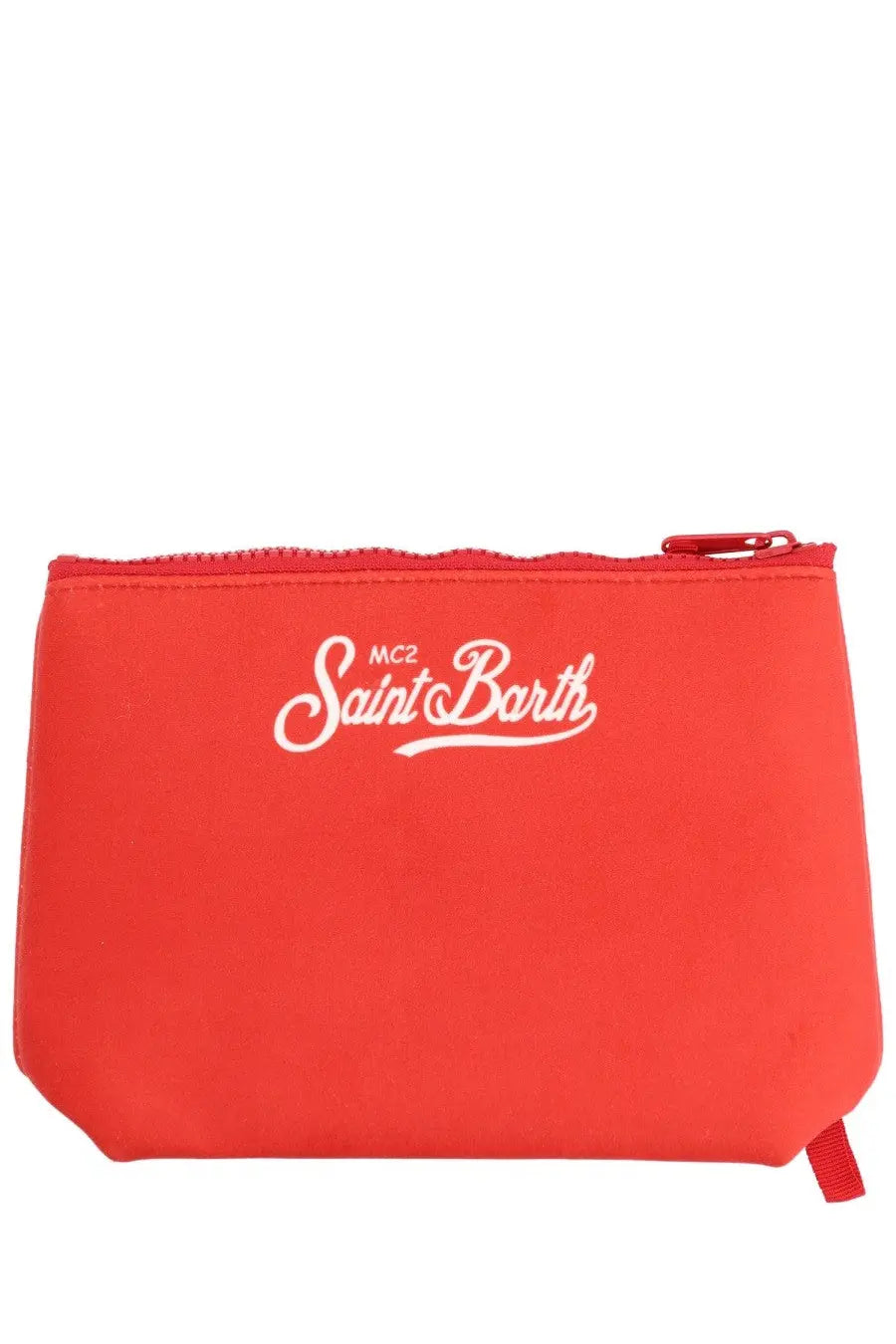 Mc2 Saint Barth unisex red zippered pouch with white cursive branding ideal for clutch bag use