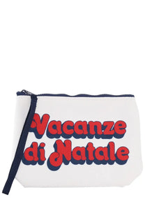 Mc2 Saint Barth unisex white clutch bag with bold red and navy blue vacanze di natale lettering and navy strap