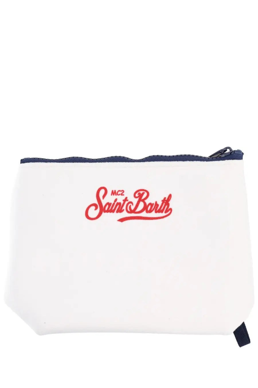 Mc2 Saint Barth unisex clutch bag Aline white zippered pouch with navy blue trim and red embroidered logo