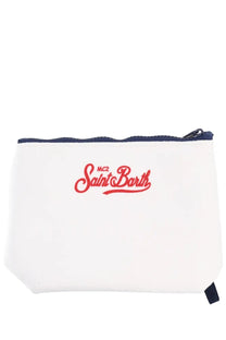 Mc2 Saint Barth unisex clutch bag Aline white zippered pouch with navy blue trim and red embroidered logo