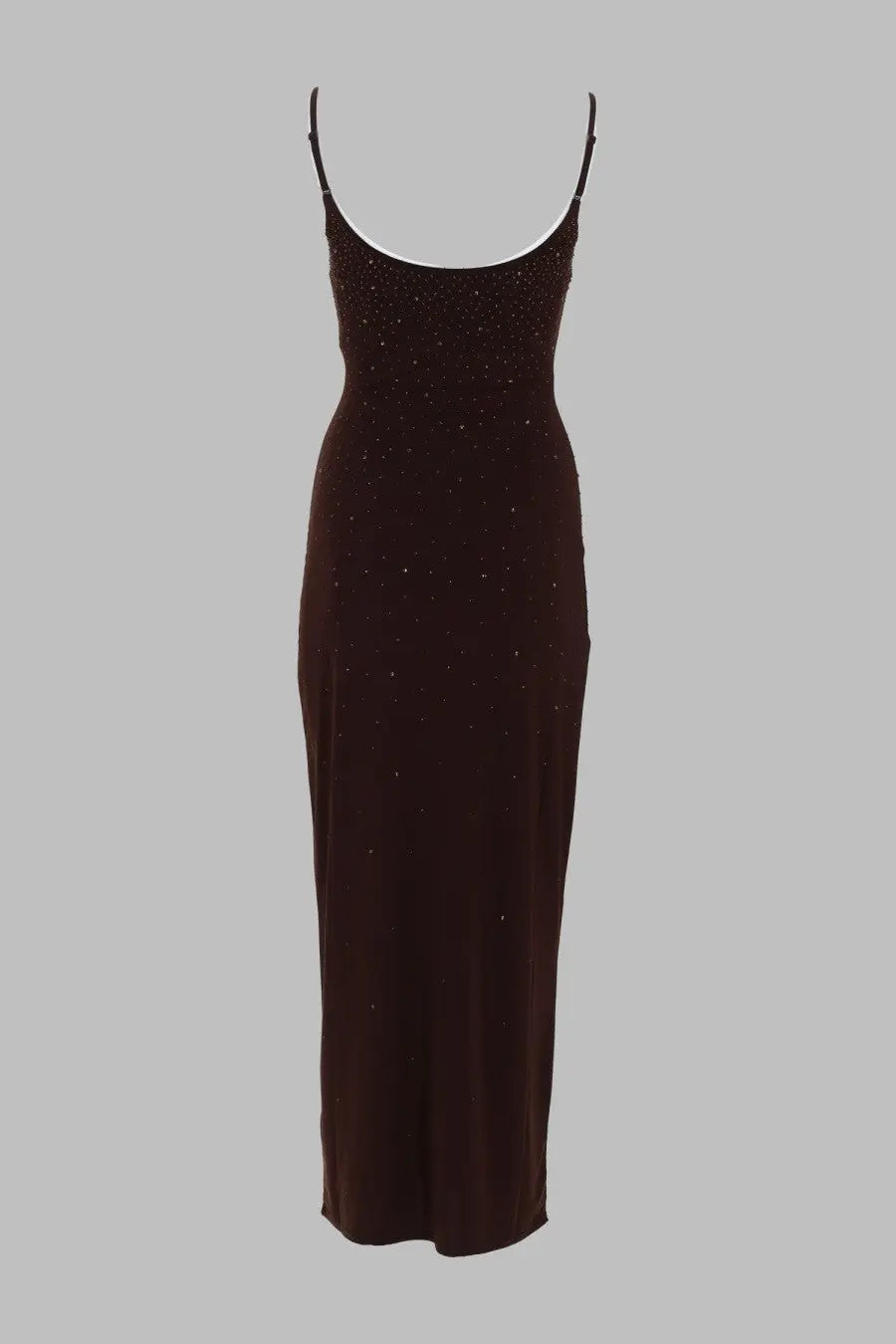 Mc2 saint barth women’s abito con strass brown sleek dark brown spaghetti strap gown with subtle sparkling embellishments