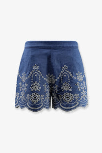 Mc2 Saint Barth women’s blue cotton denim shorts with intricate white floral embroidery on hem and side panels