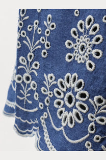 Blue denim cotton shorts by mc2 saint barth featuring intricate white embroidered floral patterns