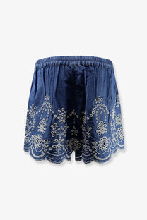 Mc2 saint barth women’s amani cotton shorts orange with blue denim fabric and white floral embroidery on hem and sides