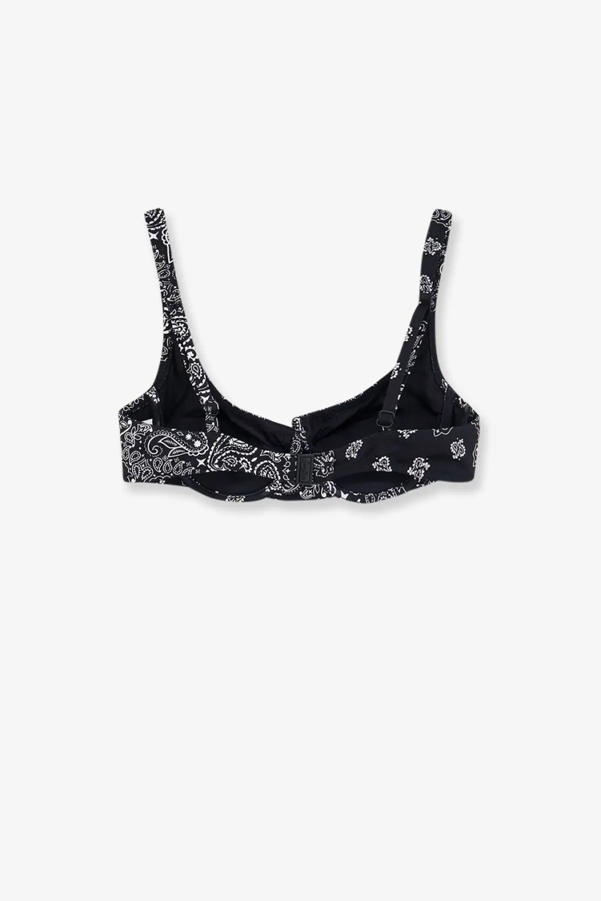Mc2 Saint Barth women’s Amira nylon bikini top in black bandeau style with white paisley pattern and adjustable straps