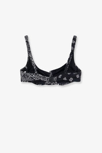 Mc2 Saint Barth women’s Amira nylon bikini top in black bandeau style with white paisley pattern and adjustable straps