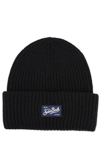 Black ribbed knit beanie with folded cuff and dark blue patch featuring white cursive text by Mc2 Saint Barth