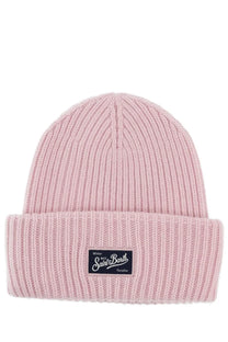 Pink ribbed knit beanie with folded cuff and black patch featuring white text from mc2 saint barth