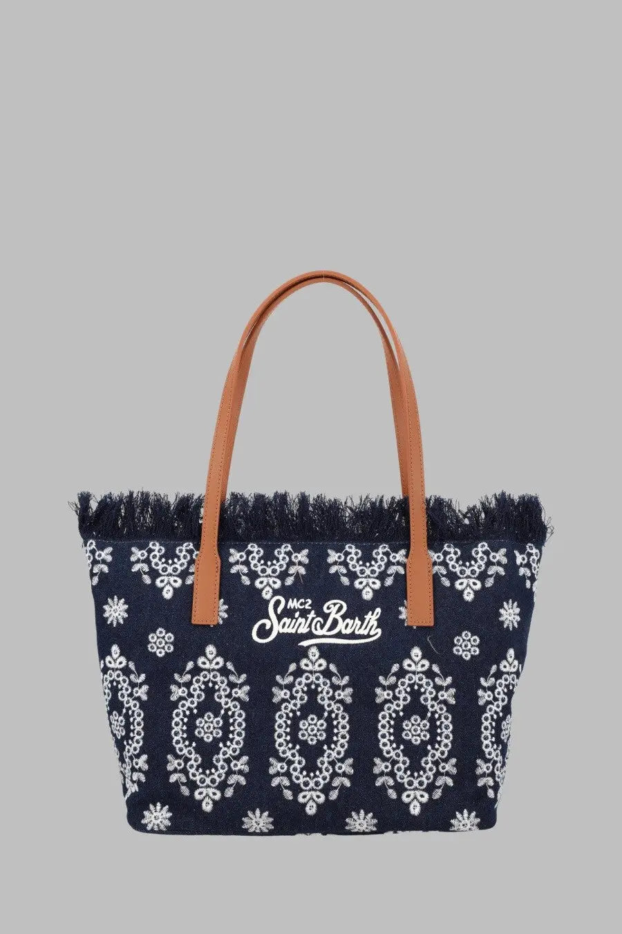 Navy blue woven tote bag with white floral embroidery and tan leather handles from mc2 saint barth borsa city medium
