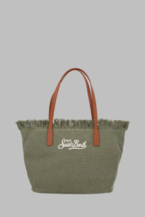 Olive green canvas tote bag with tan leather handles and frayed edge featuring white embroidered mc2 saint barth logo