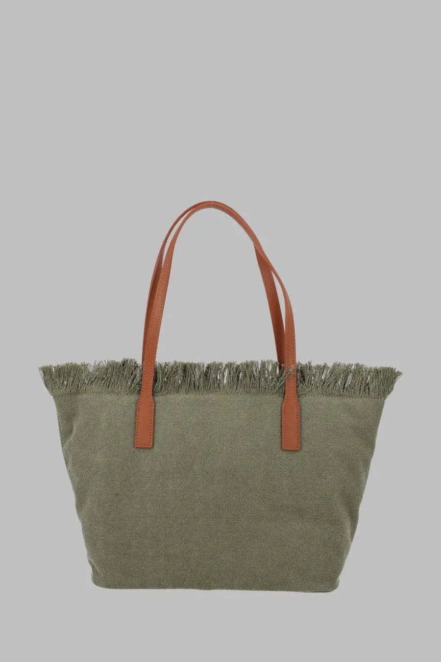 Olive green canvas tote bag with tan leather handles and fringed top edge from Mc2 Saint Barth women’s collection