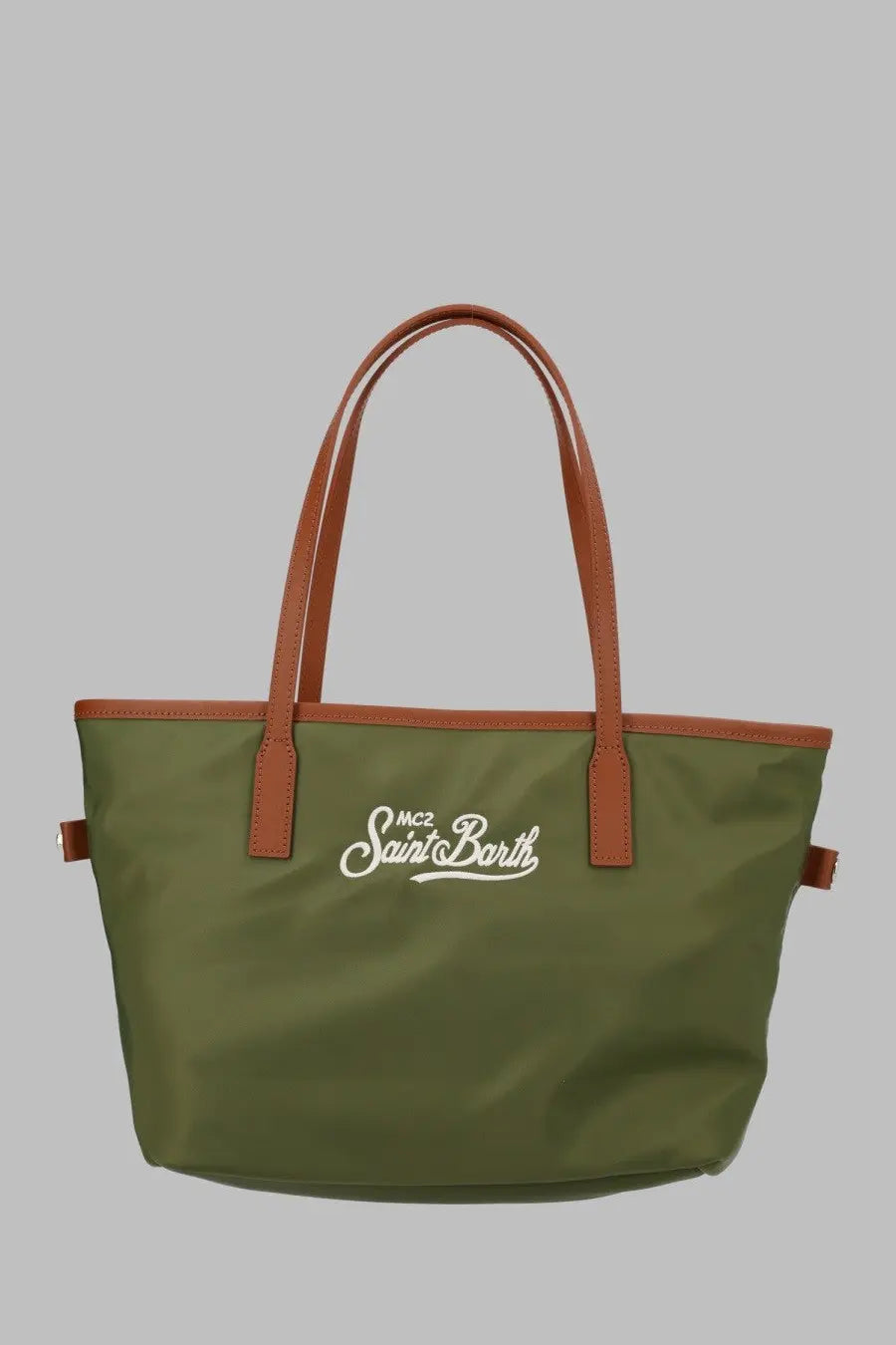 Olive green canvas tote bag with brown leather handles and white mc2 saint barth logo embroidered on front