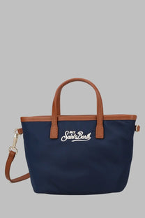 Navy blue nylon Mc2 Saint Barth women’s borsa city tote bag with brown leather handles and white embroidered logo
