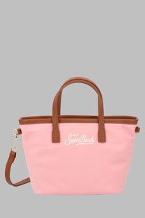 Pink canvas tote bag with brown leather handles and strap featuring white saint barth logo mc2 saint barth borsa city