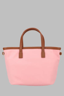 Pink canvas tote bag with brown leather handles and trim from mc2 saint barth women’s borsa city in nylon blue
