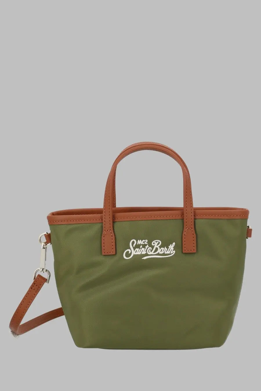 Olive green nylon tote bag with brown leather handles and strap featuring white mc2 saint barth logo on front