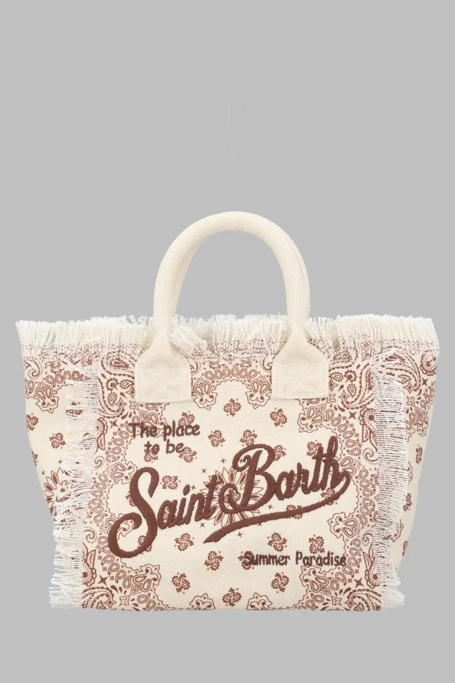 Cream-colored canvas tote bag mc2 saint barth borsa colette with brown paisley floral print and frayed edges