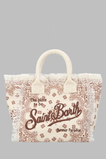 Cream-colored canvas tote bag mc2 saint barth borsa colette with brown paisley floral print and frayed edges