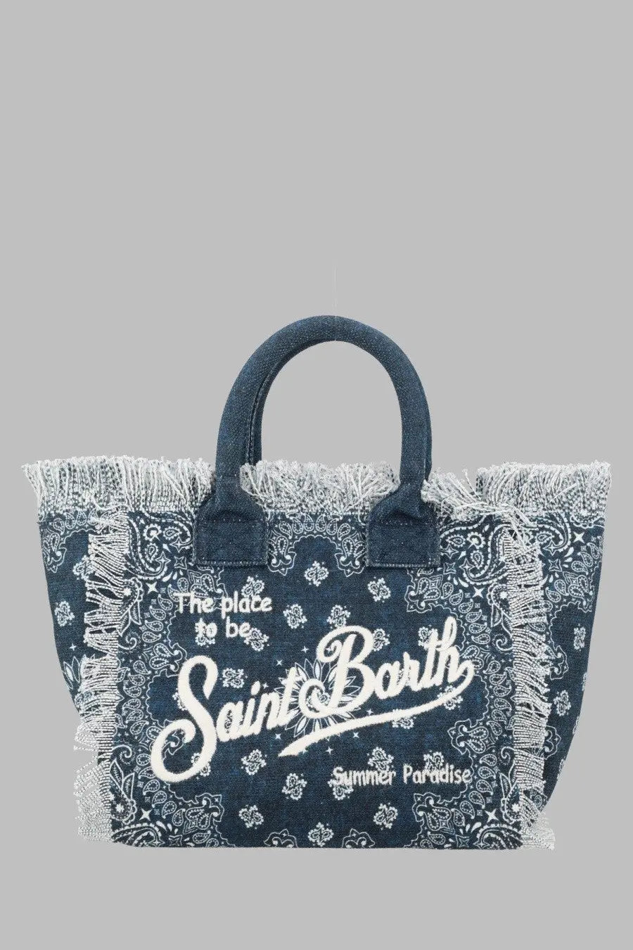 Mc2 saint barth women’s borsa colette canvas tote bag in dark blue denim with white paisley pattern and frayed edges