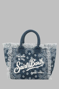 Mc2 saint barth women’s borsa colette canvas tote bag in dark blue denim with white paisley pattern and frayed edges