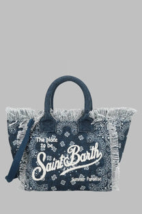 Denim tote bag in blue canvas with white bandana print frayed edges and saint barth summer paradise lettering