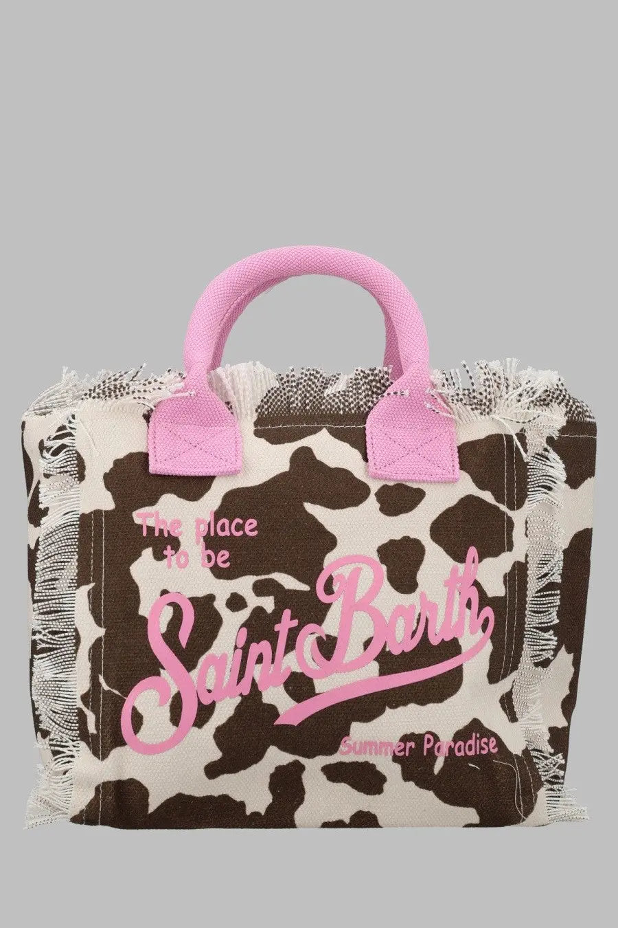 Mc2 Saint Barth women’s borsa Colette canvas tote bag pink and brown cow print with frayed edges and matching logo