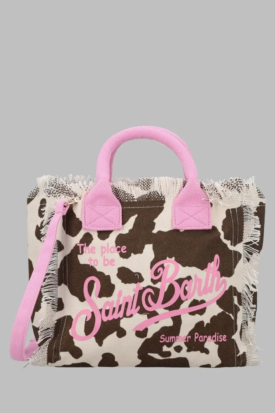 Mc2 Saint Barth women’s borsa Colette canvas tote bag in pink and brown cow print with frayed edges and logo