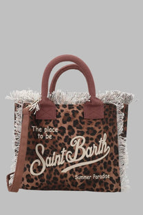 Brown leopard-print canvas tote bag with frayed white fringe maroon handles shoulder strap saint barth logo