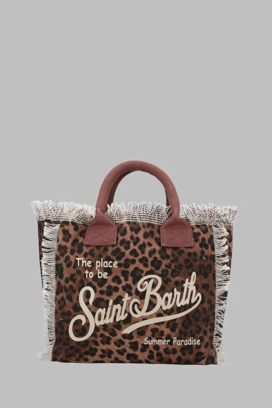 Brown leopard-print canvas tote bag with frayed white edges maroon leather handles and embroidered saint barth text