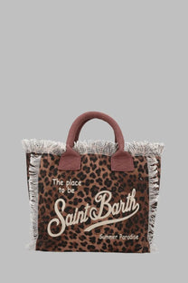 Brown leopard-print canvas tote bag with frayed white edges maroon leather handles and embroidered saint barth text