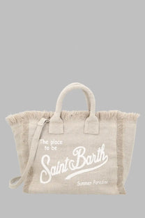 Beige canvas tote bag mc2 saint barth borsa colette with frayed edges and white saint barth summer paradise lettering