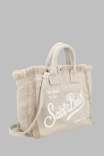 Beige linen tote bag with frayed edges and white saint barth script logo mc2 saint barth women’s borsa colette in lino beige