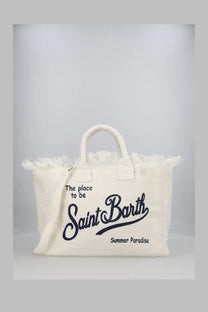 Cream-colored canvas tote bag with frayed edges and black embroidery from Mc2 Saint Barth Borsa Colette in Lino White
