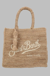 Beige woven straw tote bag with cream Saint Barth embroidery and matching tassel accent Mc2 Saint Barth Borsa Colette