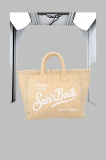 Beige canvas tote bag with white embroidered saint barth logo and frayed edges mc2 saint barth women’s borsa vanity medium