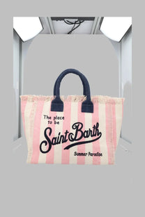 Mc2 Saint Barth women’s borsa vanity medium canvas tote bag pink and white stripes navy handles summer paradise text
