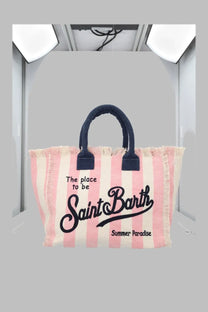 Mc2 Saint Barth women’s borsa vanity medium canvas tote bag in pink and white stripes with navy handles and black script text