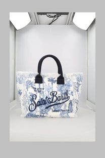 White canvas tote bag with blue palm tree print black handles and saint barth cursive logo by Mc2 Saint Barth