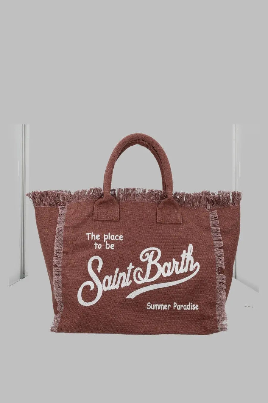 Brown canvas tote bag with white frayed trim and saint barth lettering mc2 saint barth borsa vanity medium
