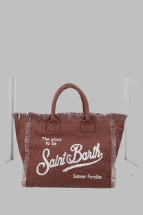 Brown canvas tote bag with white frayed trim and saint barth lettering by mc2 saint barth