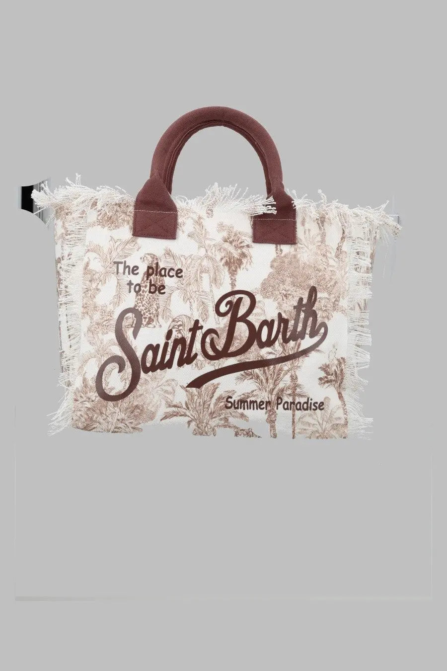 Mc2 saint barth women borsa vanity medium cream canvas tote bag with brown leather handles and tropical palm print
