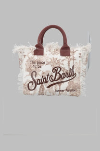 Mc2 saint barth womens borsa vanity medium canvas tote bag with brown frayed edges and beige palm tree giraffe print