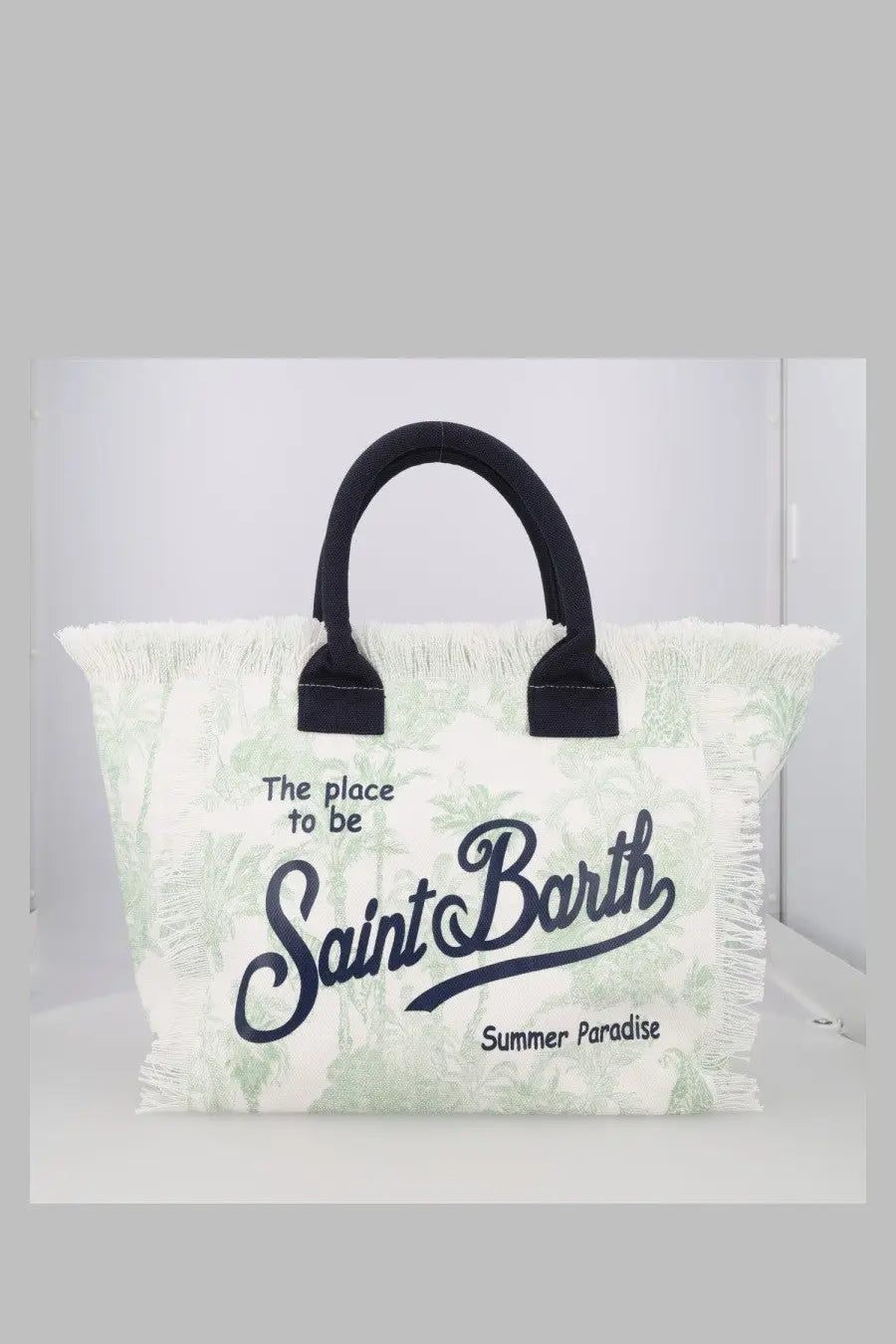 Mc2 saint barth women’s borsa vanity medium canvas tote white with black handles green palm tree print and navy text