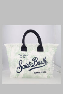 Mc2 saint barth women’s borsa vanity medium canvas tote white with black handles green palm tree print and navy text