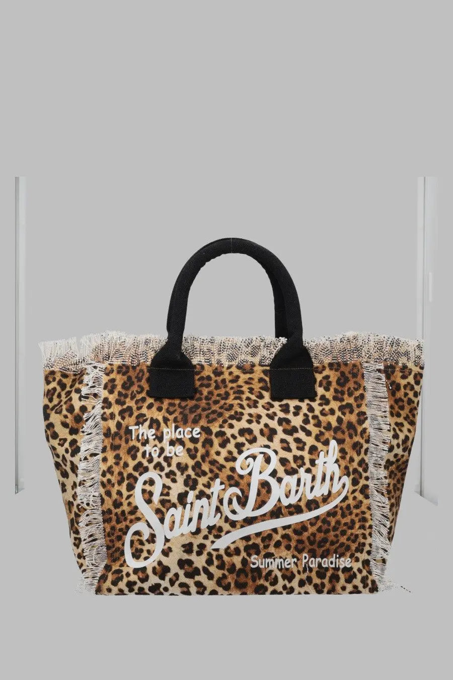 Mc2 saint barth women’s borsa vanity medium leopard-print canvas tote bag with black handles and white frayed trim summer paradise script