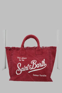 Red canvas tote bag with white frayed trim and saint barth script logo by Mc2 Saint Barth