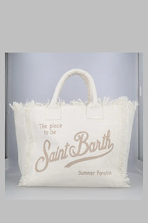 Cream-colored canvas Mc2 Saint Barth medium tote bag with frayed edges and beige saint barth summer paradise script