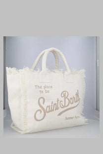 Cream-colored canvas tote bag with frayed edges and beige embroidered saint barth script by Mc2 saint barth
